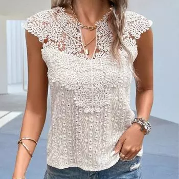 Летняя полая вязаная крючком сексуальная кружевная блузка женская однотонная лоскутная винтажная рубашка без рукавов с v-образным вырезом женские повседневные элегантные модные женские топы 527 S чёрный