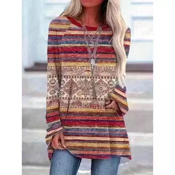 Летняя полосатая 3D-принт футболка женская мода туника топы с длинным рукавом футболки винтажная футболка длинные топы женская одежда с круглым вырезом S