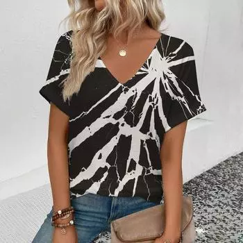 Летняя полосатая черно-белая футболка с 3D-принтом для женщин, уличная одежда, повседневные футболки, топы, женские футболки Harajuku с V-образным вырезом, свободная одежда 2XS