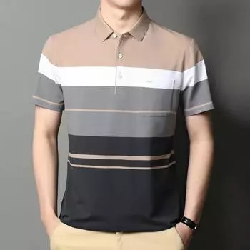 Летняя полосатая футболка с половиной рукавов, мужская рубашка с короткими рукавами, мужская рубашка-поло с карманами и лацканами среднего возраста, одежда для папы M