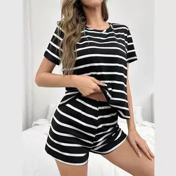 Летняя полосатая тонкая пижама комплект для женщин домашняя одежда сексуальные свободные укороченные топы с коротким рукавом и шорты комплект из 2 предметов пижамы одежда для сна S