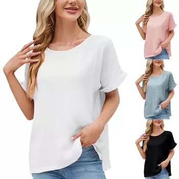 Летняя популярная хлопковая и льняная рубашка с круглым вырезом, женская свободная рубашка с короткими рукавами для внешней торговли L чёрный