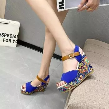 Летняя популярная женская обувь 2024 года, модные босоножки на высоком каблуке из замши с открытым носком и пряжкой из цветной замши большого размера 35 синий