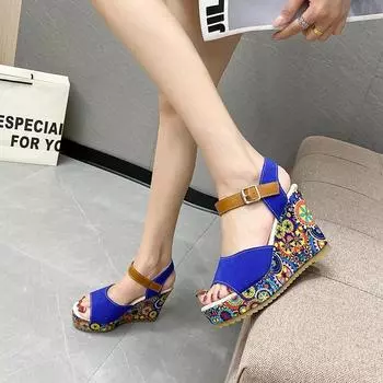 Летняя популярная женская обувь 2024 года, модные босоножки на высоком каблуке из замши с открытым носком и пряжкой из цветной замши большого размера 35 синий