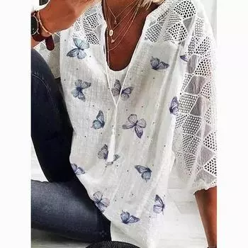 Летняя повседневная блузка с принтом бабочки, женские топы, модная элегантная свободная рубашка с коротким рукавом, женские винтажные блузки с V-образным вырезом, большие размеры 24549 S белый