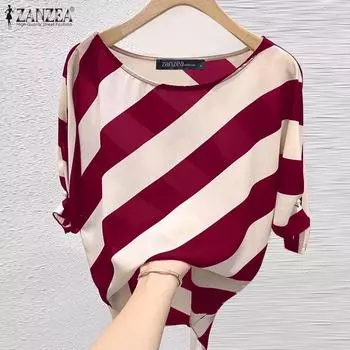 Летняя повседневная блузка ZANZEA с круглым вырезом и короткими рукавами в полоску M красный