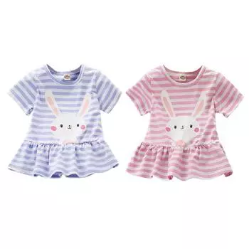 Летняя повседневная детская одежда. Милые полосатые платья с короткими рукавами для маленьких девочек с героями мультфильмов. 120 синий