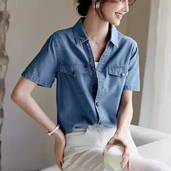 Летняя повседневная джинсовая рубашка с V-образным вырезом 2024 года — удобная, модная, прямой крой плеч L джинсовый синий