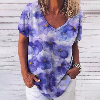 Летняя повседневная фиолетовая принтованная элегантная женская рубашка с V-образным вырезом и короткими рукавами для поездок на работу S