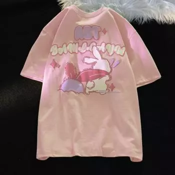 Летняя повседневная футболка большого размера из 100% хлопка, женская футболка в стиле Харадзюку с милым мультяшным принтом и короткими рукавами, розово-белые топы y2k, уличная одежда для подруги M белый