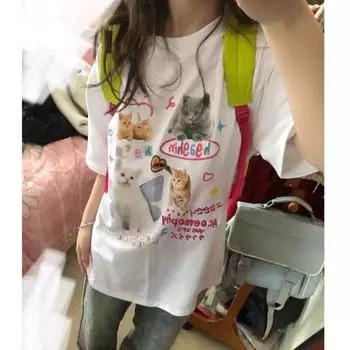 летняя повседневная футболка большого размера из чистого хлопка с коротким рукавом футболки женские harajuku смешной мультяшный принт y2k топы белые хип-хоп уличная одежда S белый