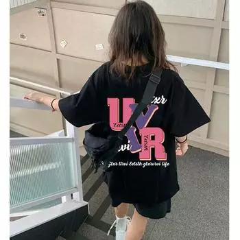 летняя повседневная футболка большого размера из чистого хлопка с коротким рукавом футболки для женщин harajuku с буквенным принтом черные топы y2k хип-хоп уличная одежда S чёрный