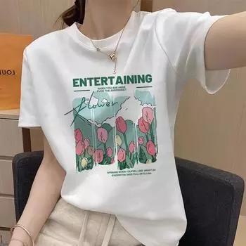 Летняя повседневная футболка из чистого хлопка с мультяшным модным брендовым принтом и текстурой с коротким рукавом Топ M