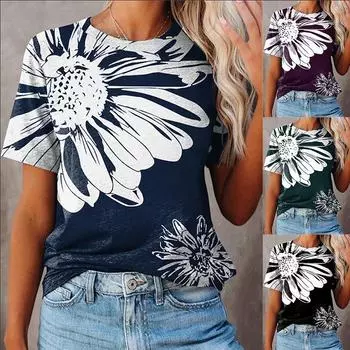 Летняя повседневная футболка с цветочным принтом для женщин с круглым вырезом и коротким рукавом S фиолетовый