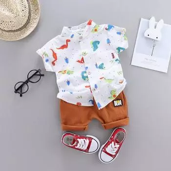 Летняя повседневная футболка с короткими рукавами и принтом динозавра для маленьких мальчиков, топ + шорты, костюмный комплект M зелёный