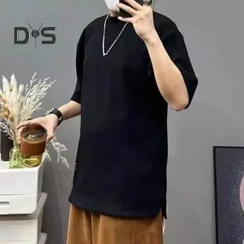Летняя повседневная футболка с круглым вырезом и половиной рукавов, футболка со скрытыми карманами, однотонная, свободного покроя, пуловер с боковым разрезом, топы, уличная одежда L чёрный