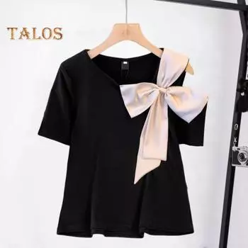 Летняя повседневная футболка с круглым вырезом и открытыми плечами, с короткими рукавами, свободная футболка, однотонный пуловер с декором бантом, топы 3XL хаки