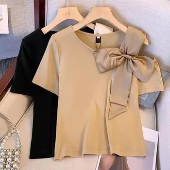 Летняя повседневная футболка с круглым вырезом и открытыми плечами, с короткими рукавами, свободная футболка, однотонный пуловер с бантом и декором 3XL хаки