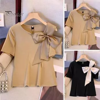 Летняя повседневная футболка с круглым вырезом и открытыми плечами, с короткими рукавами, свободная футболка, однотонный пуловер с декором бантом, топы 3XL чёрный