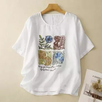 Летняя повседневная футболка с круглым вырезом и принтом, универсальная свободная, для похудения, тонкая футболка для женщин M серый