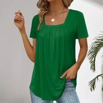 Летняя повседневная футболка с квадратным воротником и коротким рукавом, плиссированная футболка, однотонная, свободная посадка S вино красного