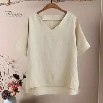 Летняя повседневная футболка с v-образным вырезом и коротким рукавом, однотонная футболка свободного покроя с боковым разрезом и подолом, уличная одежда M белый