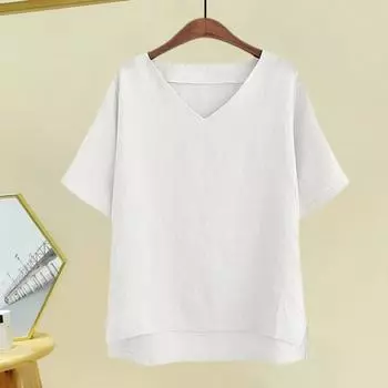 Летняя повседневная футболка с v-образным вырезом и коротким рукавом, однотонная футболка свободного покроя с боковым разрезом и подолом, уличная одежда M белый