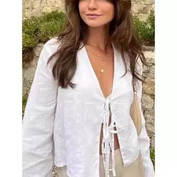 Летняя повседневная футболка с V-образным вырезом и шнуровкой, женская, сладкая, шикарная, однотонная, с длинным рукавом, женская мода, ретро, свободные, пляжные футболки L белый