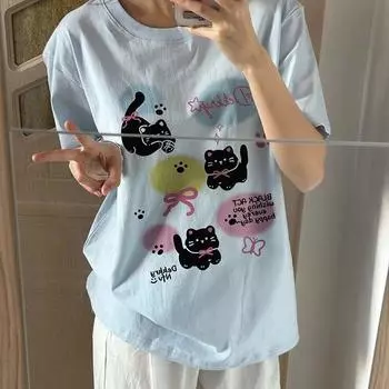 Летняя повседневная футболка свободного покроя из 100% хлопка, женская уличная одежда, милый мультяшный принт в стиле Харадзюку, футболки с коротким рукавом для молодежи, женские топы синего и белого цвета Y2k S белый
