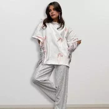 Летняя повседневная футболка, женская футболка с круглым вырезом и коротким рукавом, декор с бантом, свободный крой, эластичный пуловер, топы, уличная одежда S белый