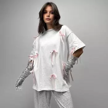 Летняя повседневная футболка, женская футболка с круглым вырезом и коротким рукавом, декор с бантом, свободный крой, эластичный пуловер, топы, уличная одежда S белый