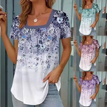 Летняя повседневная футболка, женская модная свободная футболка с квадратным вырезом и цветочным принтом, повседневный пуловер с короткими рукавами, топ S кофейный