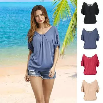 Летняя повседневная футболка женская с круглым вырезом и коротким рукавом с вышивкой и кружевной спинкой, однотонная свободная футболка M чёрный