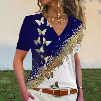 Летняя повседневная футболка женская с v-образным вырезом и коротким рукавом, приталенная футболка, блестящая эластичная футболка с принтом бабочек, уличная одежда XL зелёный