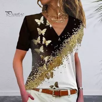 Летняя повседневная футболка женская с v-образным вырезом и коротким рукавом, приталенная футболка, блестящая эластичная футболка с принтом бабочек, уличная одежда XL зелёный