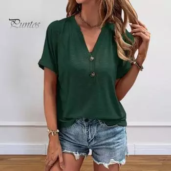 Летняя повседневная футболка женская с v-образным вырезом и пуговицами, футболка с короткими рукавами и однотонным пуловером свободного кроя, топы 2XL хаки