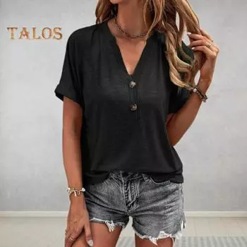 Летняя повседневная футболка женская с v-образным вырезом и пуговицами, футболка с короткими рукавами и однотонным пуловером свободного кроя, топы 2XL хаки