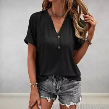 Летняя повседневная футболка женская с v-образным вырезом и пуговицами, футболка с коротким рукавом, сплошной цвет 2XL хаки