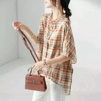 Летняя повседневная клетчатая блузка с круглым вырезом и половиной рукавов, свободная летняя модная мягкая накидка с коротким рукавом XS жёлтый