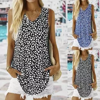 Летняя повседневная маленькая женская футболка без рукавов с v-образным вырезом и цветочным принтом XXL чёрный