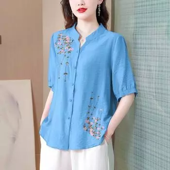 Летняя Повседневная модная блузка с вышивкой в этническом стиле, женская блузка с коротким рукавом, литературная винтажная хлопковая льняная рубашка, женский топ оверсайз