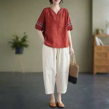 Летняя повседневная модная женская хлопковая рубашка с винтажной вышивкой и короткими рукавами, эластичный пояс, свободные универсальные брюки, комплект XXXL