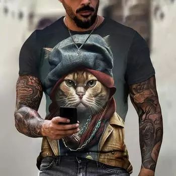 Летняя повседневная мужская футболка с принтом бродячего кота, футболка с короткими рукавами, мужская одежда больших размеров, топы, уличная одежда XS