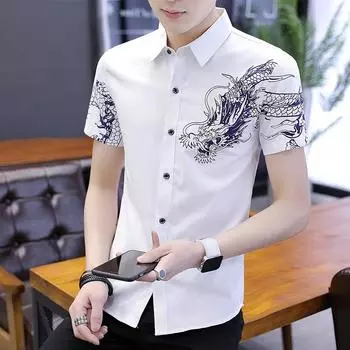 Летняя повседневная мужская рубашка с коротким рукавом и рисунком дракона на пуговицах 3XL белый