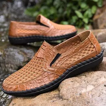 Летняя повседневная обувь для мужчин, мужские лоферы с дышащей сеткой, уличные мужские кроссовки без шнуровки, прогулочная обувь на плоской подошве ручной работы 38 коричневый