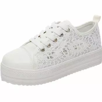 Летняя повседневная обувь, женские парусиновые кроссовки с вырезами, кружевные парусиновые кроссовки на полой дышащей платформе, женская обувь на плоской подошве 35 белый