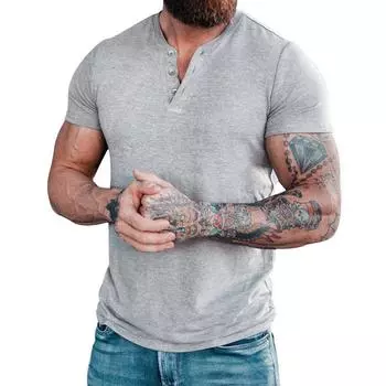 Летняя повседневная однотонная мужская футболка с короткими рукавами и круглым вырезом на пуговицах M джинсовый синий