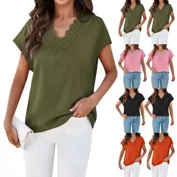 Летняя повседневная однотонная рубашка с v-образным вырезом и коротким рукавом L армия зеленый
