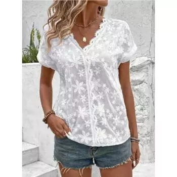 Летняя повседневная однотонная рубашка с v-образным вырезом и кружевной строчкой для женщин S