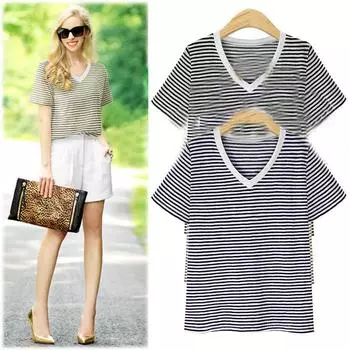 Летняя повседневная полосатая футболка. Футболка в тонкую полоску. Футболка с v-образным вырезом. Классическая футболка с коротким рукавом для женщин. Женская модная футболка для пригородных поездов. M чёрный
